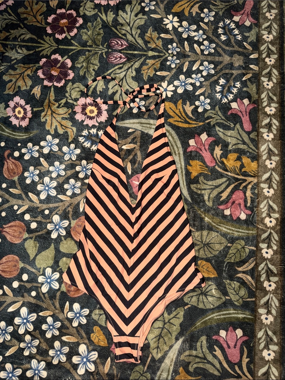 Striped Halter One-Piece Swimsuit in Peach and Black